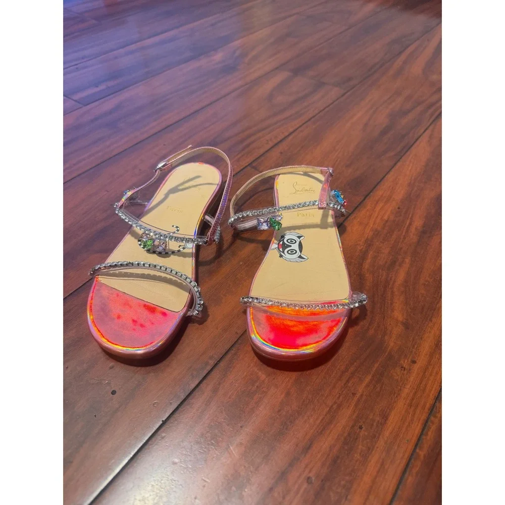 Christian Louboutin Kids Miniqueenie Pink Holographic Crystal Sandals Red Bottom